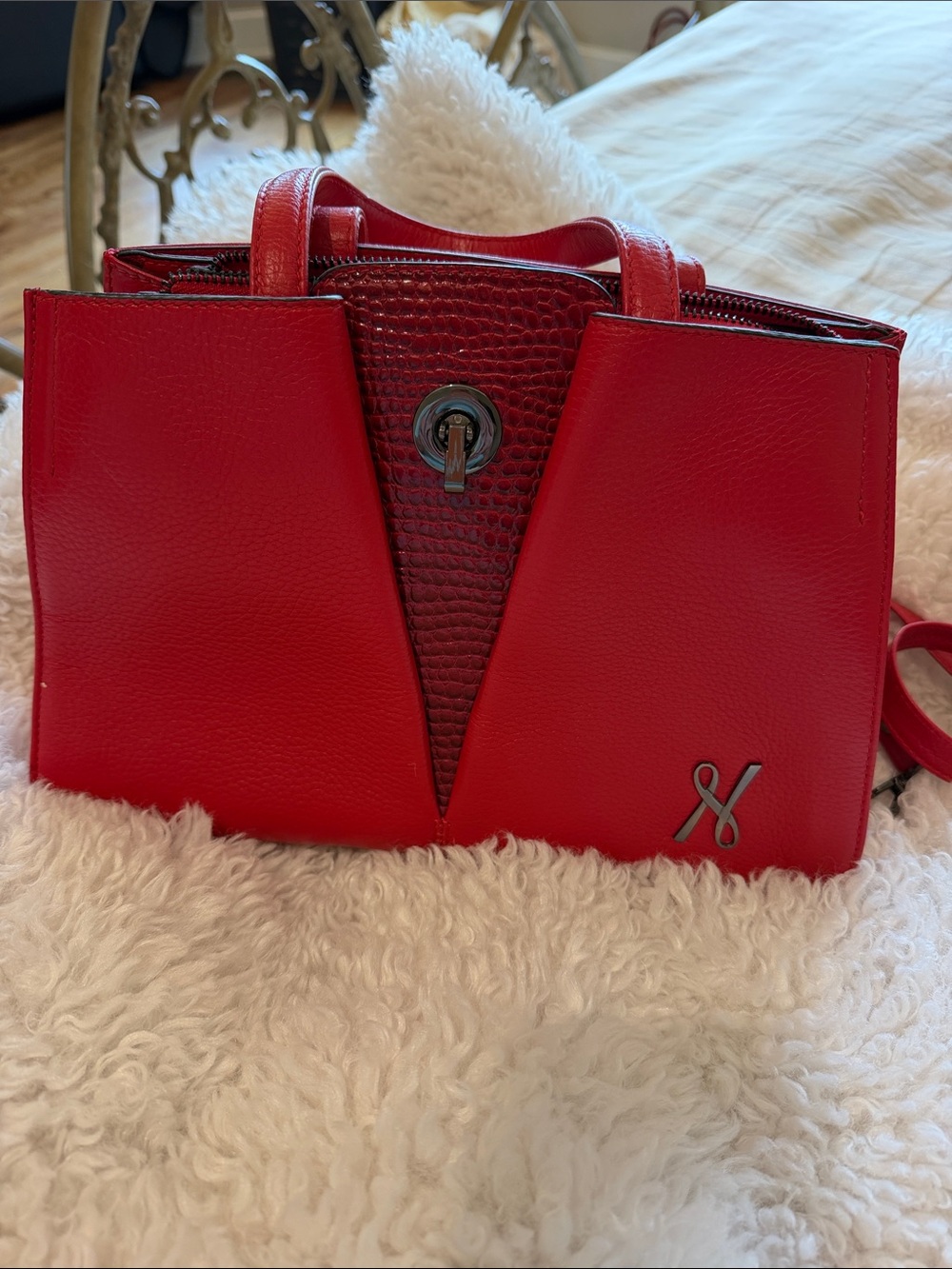 Red Shoulder Tote with Textured Center Panel